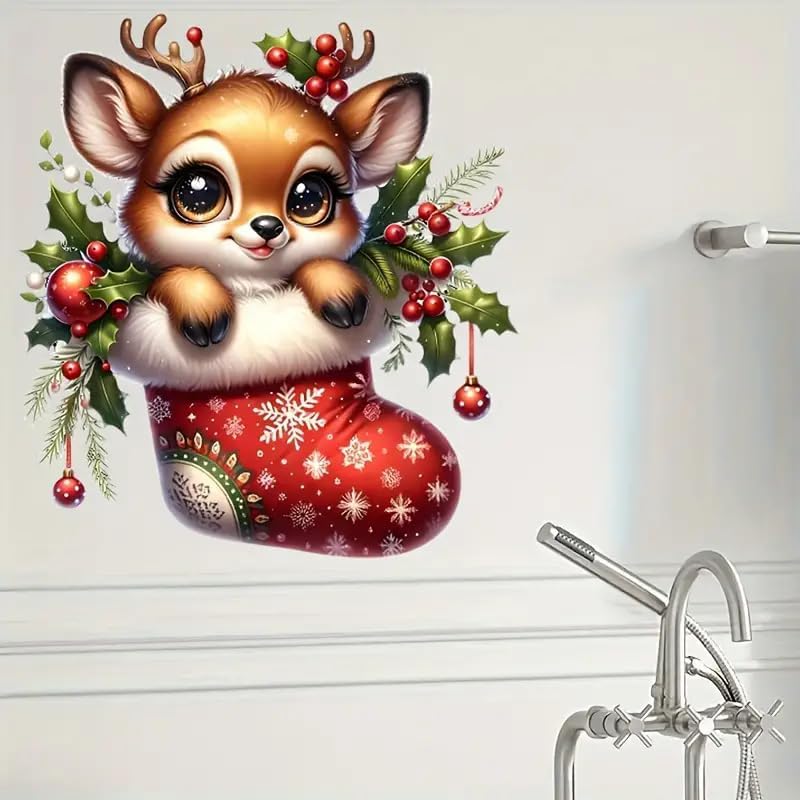 DIDOSOFT Christmas Deer Sock Toilet Cover Sticker Decals,Fish Bird Flower Leaf Waterproof Toilet Lid Tank Seat Decals Cistern Self-Adhesive Bathroom Wall Sticker - Image 5